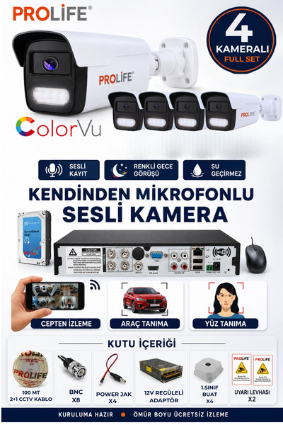 PROLİFE 4 Lü Sesli Güvenlik Kamerası 5 Mp Gece Renkli Yüz Ve Araç Tanımalı Fu...