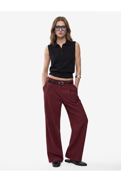 Koton High Waist Belted Wide Leg Palazzo Trousers with Pile Detail and Pockets