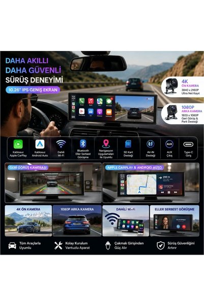 schitec 4K Ultra Araç İçi Akıllı Ekran – Ön ve Arka Kameralı, Kablosuz CarPlay ve Android Auto Deste