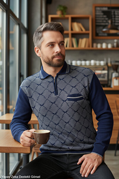 Kamalı Men's Navy Blue Anti-Pilling Standard Fit Polo Neck Knit Sweater with ...