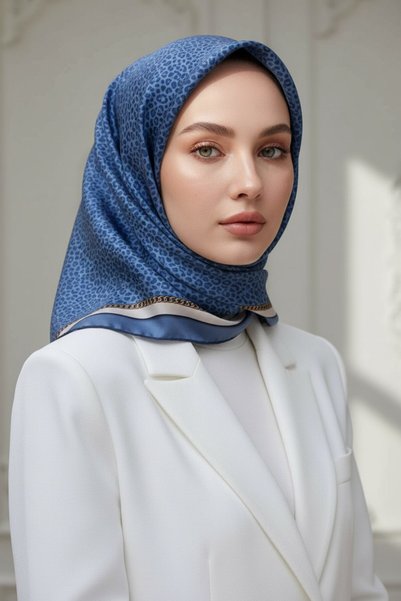 Vissona %100 Twill İpek Leopar Desenli İndigo - Krem Renkli 90x90 Eşarp Dikim...