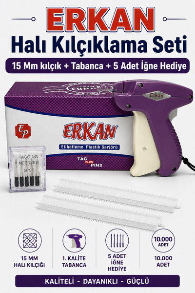 ERKAN 15 Mm Micro Halı Kılçığı Ve Tabancası Ve 5 Adet Demir Iğne Seti