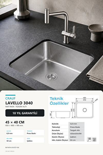Crauf Lavello 3040 Platinum Satin (Mat İnox) Tezgah Altı Paslanmaz Çelik Mutf...