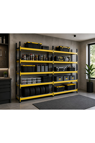 RafBurada 5 Katlı Duble Midi Rack - Ekonomik Depo,Arşiv, Kiler Rafı Siyah-Tur...