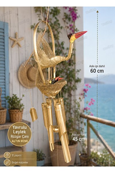 WoodBay Ahşap Bambu El Yapımı Yavrulu Leylek Rüzgar Çanı | Balkon Bahçe Kapı ...