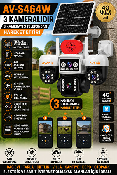 TRCharger AV-S464W 3 Kameralı 3PTZ 3 Kamerayı Telefondan Yönet Sim Kartlı Sol...