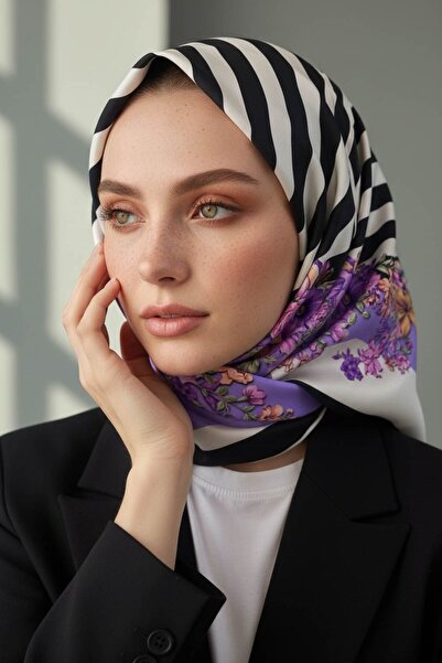 Vissona %100 Twill İpek Çıtır Çiçekli Ve Çizgi Desenli Siyah - Lila Renkli 90...