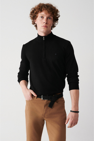 Avva Men's Black Zippered Stand Collar Non-Pilling Sweater E 005005