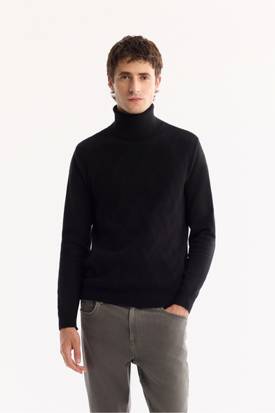 Avva Men's Black Turtleneck Soft Touch Textured Knitwear Regular Fit Sweater ...