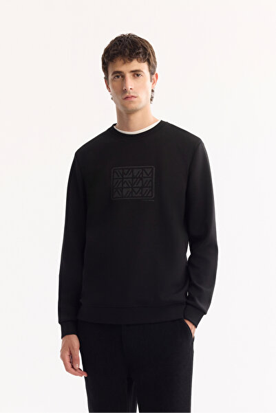 Avva Erkek Siyah Bisiklet Yaka Pamuklu Bi-Stretch Baskılı Regular Fit Sweatsh...