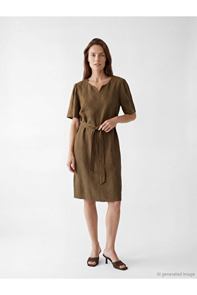 LC Waikiki Notch Neck Embroidered A Form Linen Blend Dress