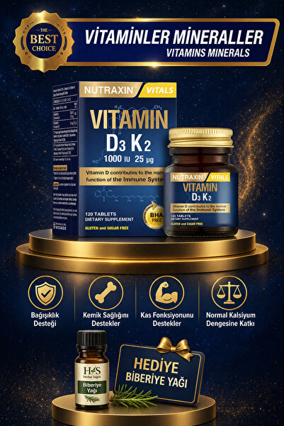 Nutraxin D3K2 120 Tablet – 1000 IU D3 + 25 mcg K2 Vitamini İçeren Takviye + H...