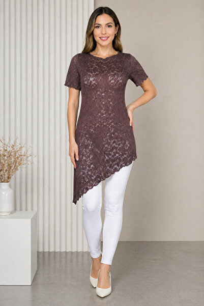 MOONBULL Women's Lace Fabric Asymmetrical Cut Short Sleeve Blouse