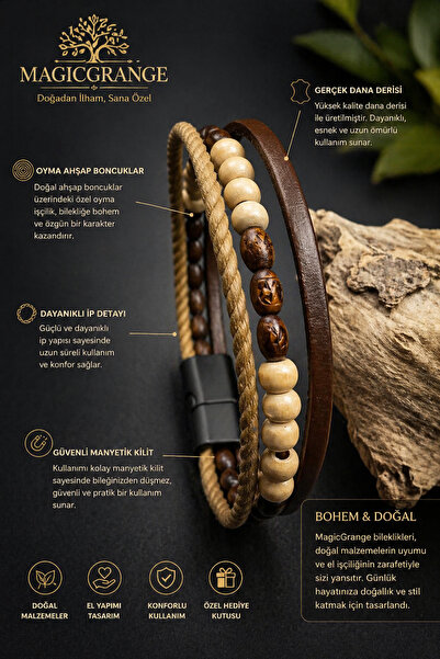 magıcgrange Men's Bracelet Genuine Leather Natural Stone Handmade Bohemian St...