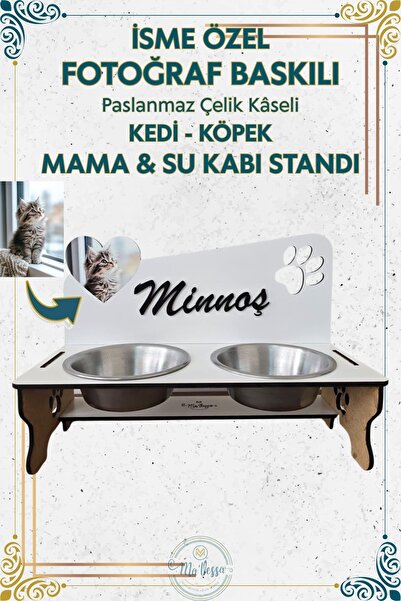 İsme Özel Fotoğraf Baskılı Paslanmaz Çelik Kâseli Ahşap Kedi ve Köpek Mama Su Kabı Standı, Kedi ve Köpek Mama Su Kabı