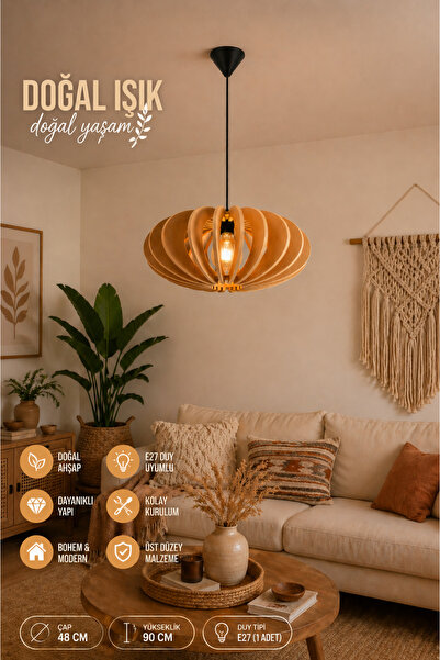 Elvora Home Ahşap Modern (PREMİUM) Bohem Sarkıt Avize 48 cm Bohem Oturma Odas...