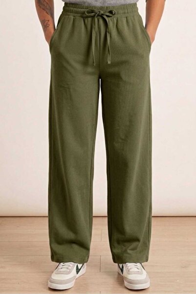PORİENTO Khaki 4-Season Elastic Waist Lace-Up Wide-Leg Gabardine Women's Trou...
