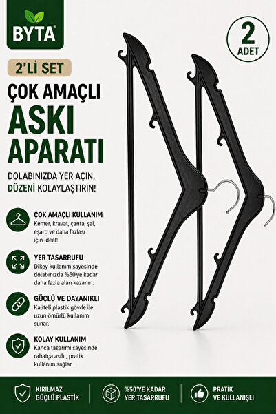 BYTA Çok Amaçlı Askı Aparatı 2 Adet – Kemer, Kravat, Çanta ve Şal Askılığı, D...