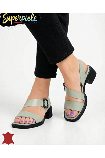 ANGEL BLUE Women's genuine Leather Sandals with thick heel and buckle closure