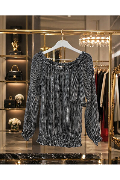 Butik Siyah Desenli Şifon Bluz – Bağlama Detaylı, Lastikli Kol & Bel