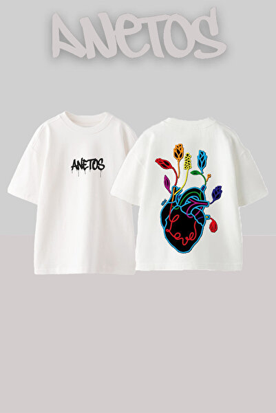 Anetos Tricou oversize alb din bumbac cu imprimeu pe spate Heart Love Design