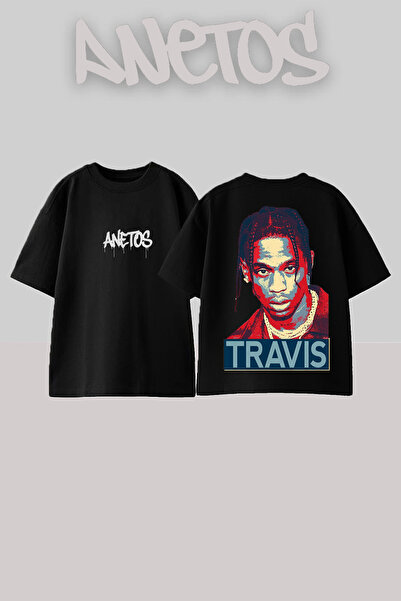Anetos Μπλουζάκι Travis Scott με σχέδιο στο πίσω μέρος, από βαμβάκι, μαύρο, o...
