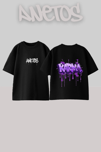 Anetos Μωβ μπλουζάκι Karma Design με στάμπα στην πλάτη, βαμβακερό, μαύρο, ove...