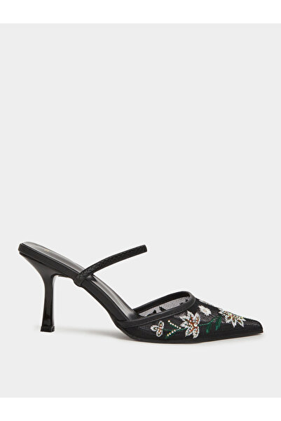 Styli Black Embroidered Pointed Toe Mules
