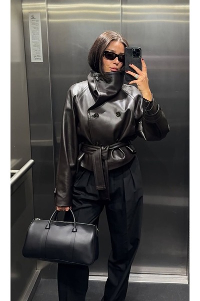 Ekim Store Καφέ δερμάτινο μπουφάν με όρθιο γιακά και ζώνη