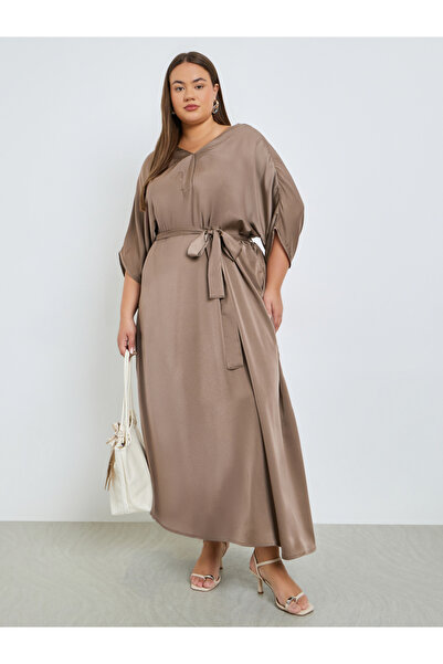 Styli Plus Size Matte Satin Maxi Dress with Tie-Belt