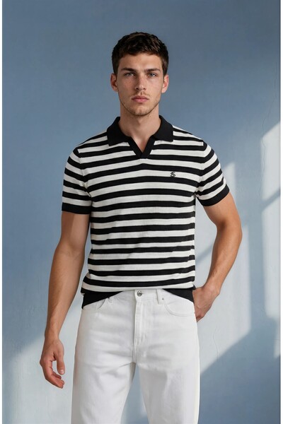 Sea Style Striped Polo Collar Men's Knitwear T-Shirt Fit Cut Summer Knit T-Shirt