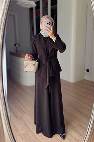 Ka Hijab Σετ Τριών Τεμαχίων με Λεπτομέρεια Ζώνης και Επένδυση - Καφέ