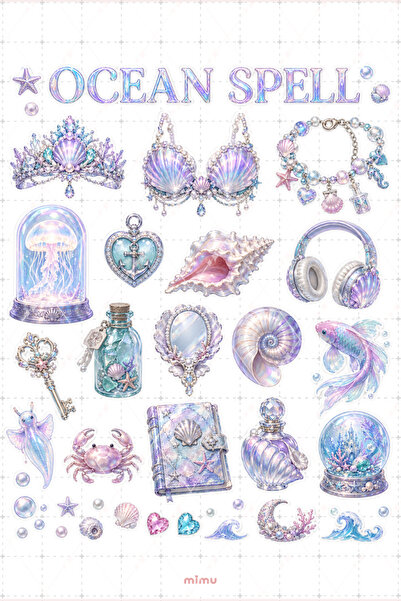Mimu Art Studio Mermaidcore Sticker Seti Deniz Kızı Sedefli Pastel Okyanus 2l...