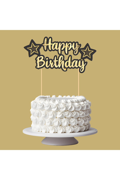 Siyah Altın Yıldız Temalı Happy Birthday Kaligrafi Pasta Üstü Süs