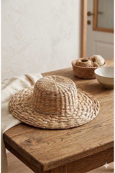 afralya home Hat Straw Beach Accessory Natural Straw with Wavy Weave Sunscreen Brim