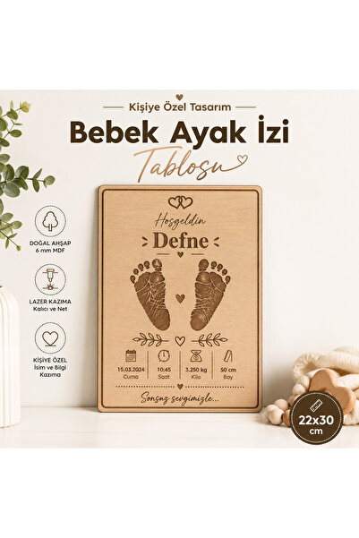 Kutup Yıldızı Tasarım Atölyesi Kişiye Özel Bebek Ayak İzi Tablosu Ahşap Lazer...