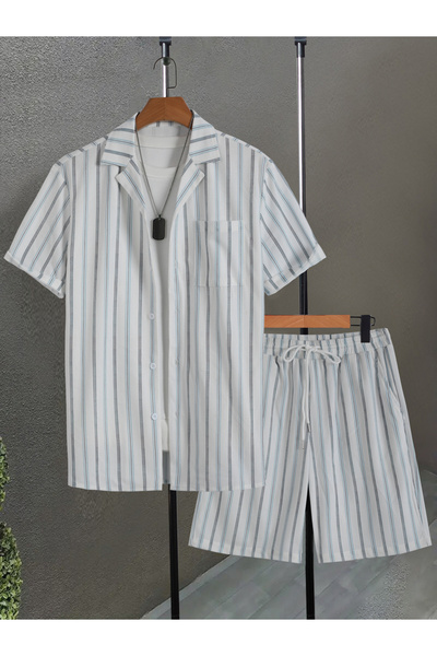 Take Two By Styli Men White Striped Short Sleeve Button Front Shirt and Short...