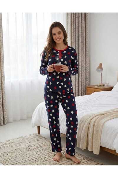 %100 Pamuklu Kalpli Lacivert Pijama Takımı