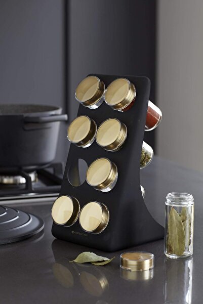 DmarQa 8 Jar Spice Rack with Glass Spice Jars, Matt Black Stand with Brass Fi...
