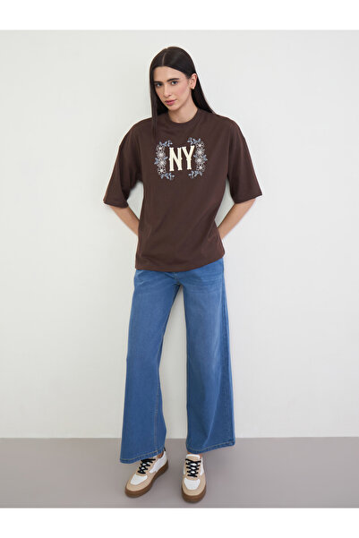 Styli Brown Oversized NY Print T-Shirt with Embroidery