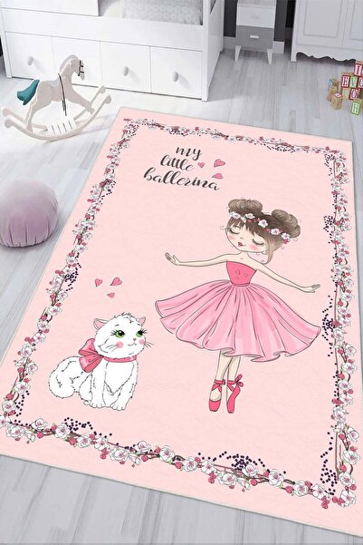 Pelura Halı Pembe Balerin Desenli Baskılı Yıkanabilir Kaymaz Kız Çocuk Odası ...