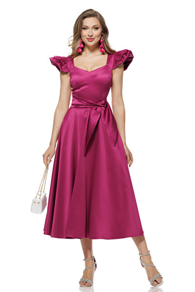 Fofy Rochie elegantă midi din tafta magenta premium decoltata si volane la umeri