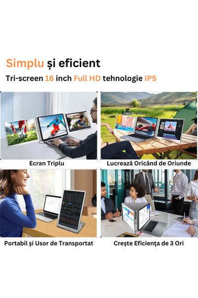 Seezesol Solution Monitor LED portabil pentru laptop, 16 inch, ideal pentru birou, călătorii și acasă, FullHD, Conexiune cu un singur cablu, Compatibil cu trei ecrane pentru afișaje de 12-18.5 inch, pentru Windows, cipuri Apple M1, M2, M3.