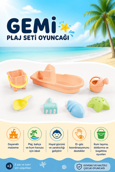YILDIRIM OYUNCAK 7 Parça Gemi Plaj Seti Oyuncağı – Kova, Kürek, Tırmık ve Kum...