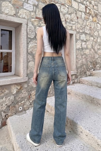 alanora Women's High Waist Vintage Faded Effect Palazzo Jean