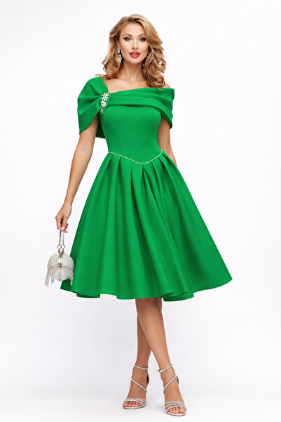 Fofy Rochie de ocazie eleganta verde din neopren pe umeri cu fusta in pliuri ...