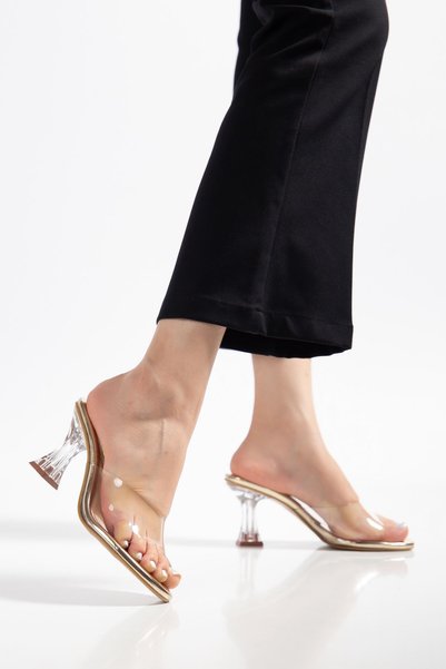 serkanseyyid S-619 Gold Skin Transparent Strappy Transparent Heeled Round Toe Women's Slippers