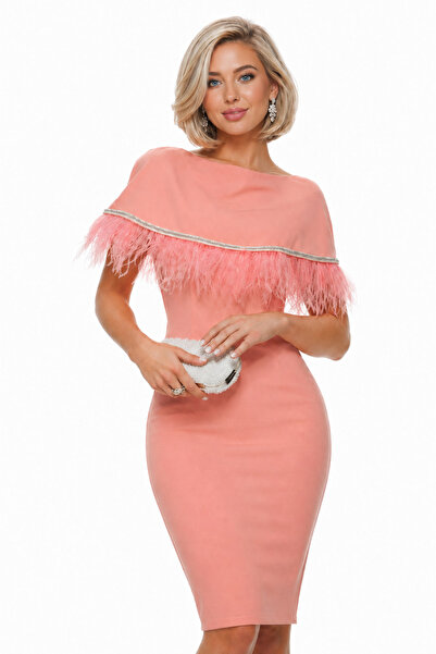 Fofy Rochie elegantă roz premium cu volan accesorizat cu stasuri si pene