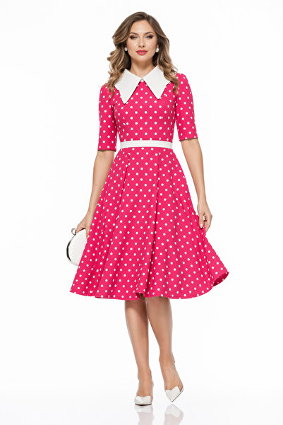 Fofy Rochie retro midi ciclame cu buline albe și guler alb supradimensionat