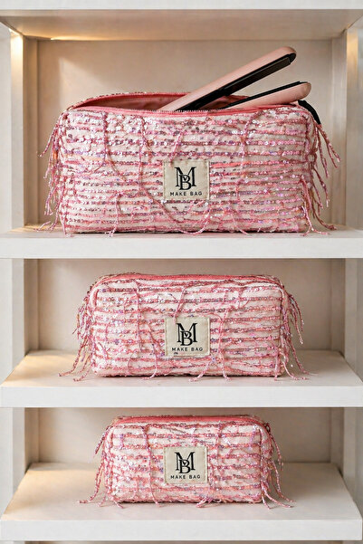MAKE BAG PEMBE BONCUKLU 3'LÜ MAKYAJ ÇANTASI SETİ